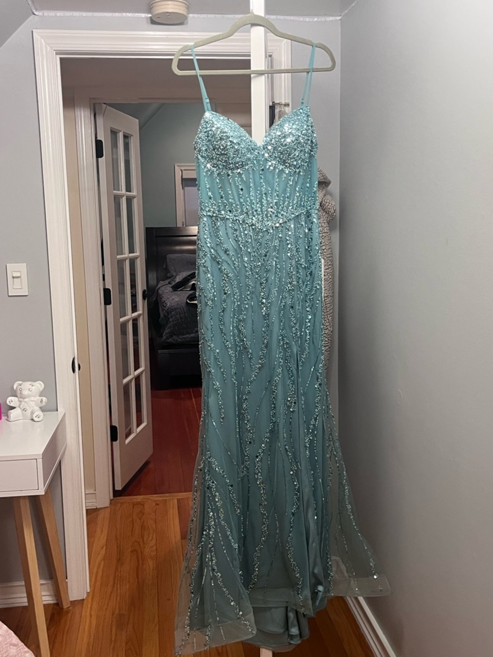 Beaded Aqua Formal Gown with Spaghetti Straps